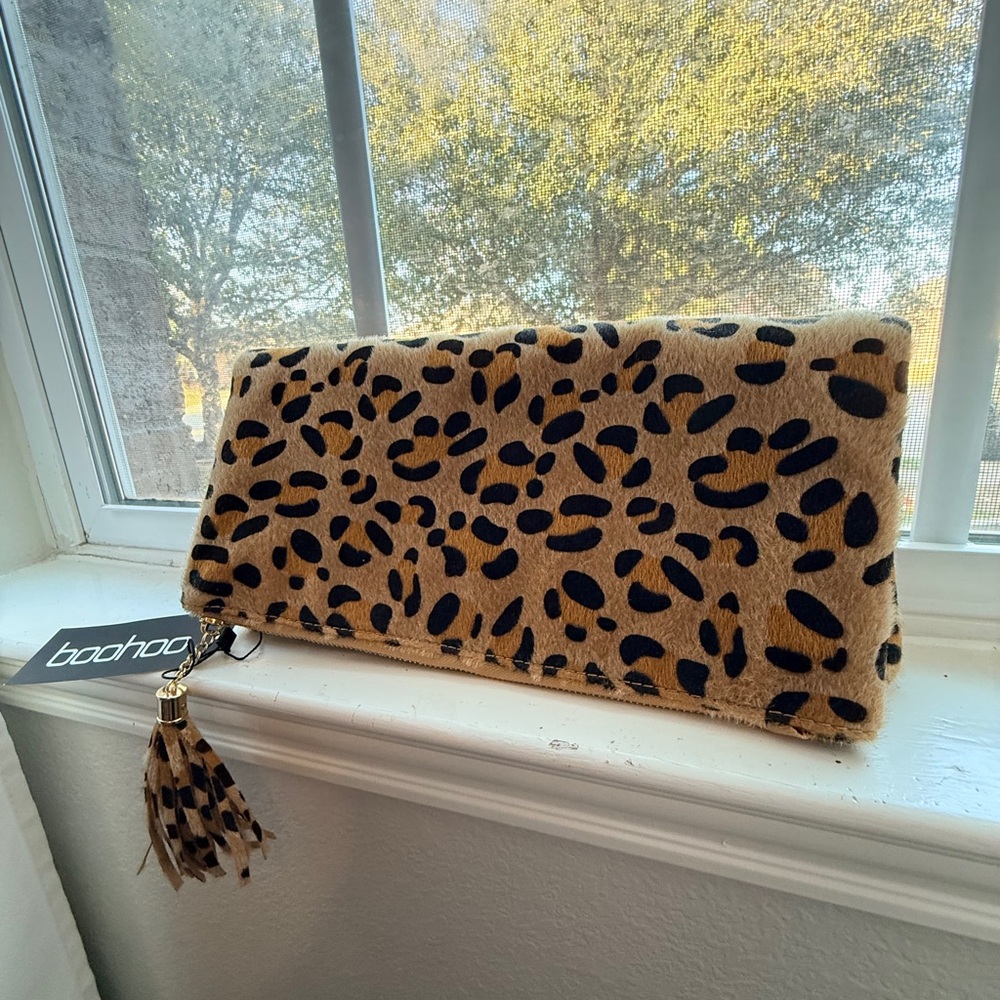 Boohoo Tan and Black Animal Print Clutch